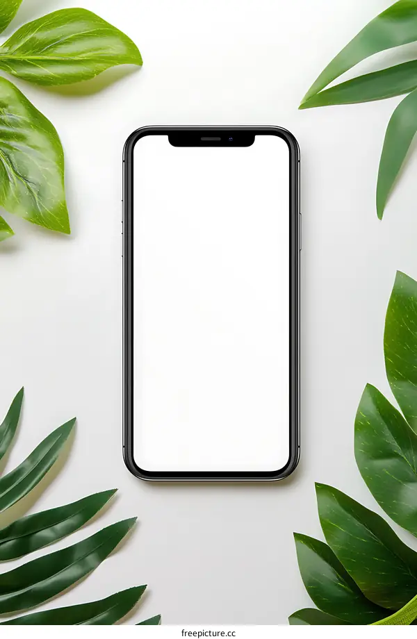Blank Screen Smartphone with Green Leaves Mockup