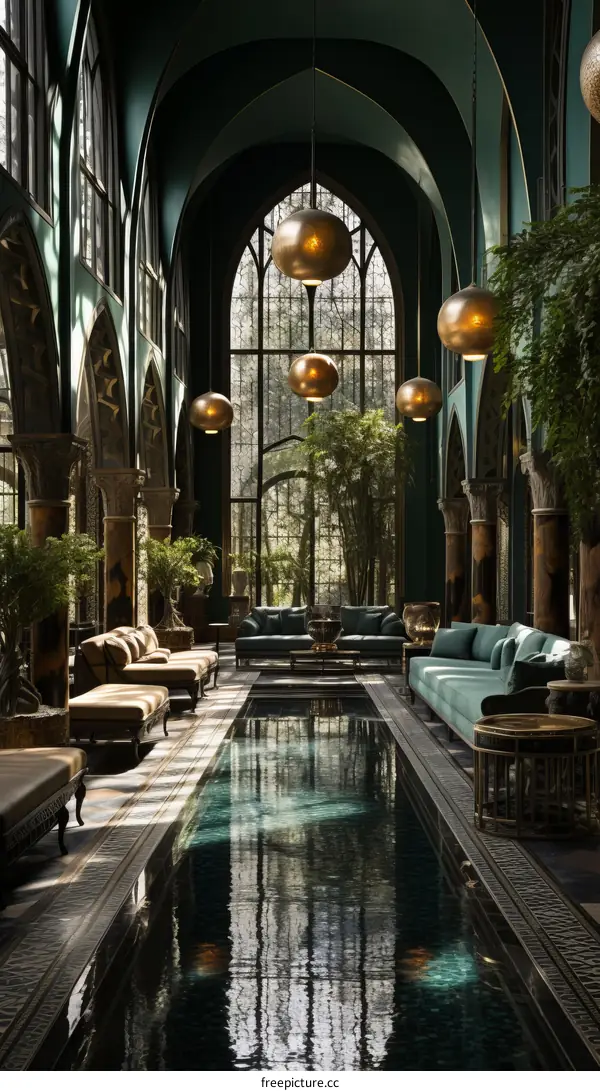 A long indoor pool in a green and gold room with arched windows and plants