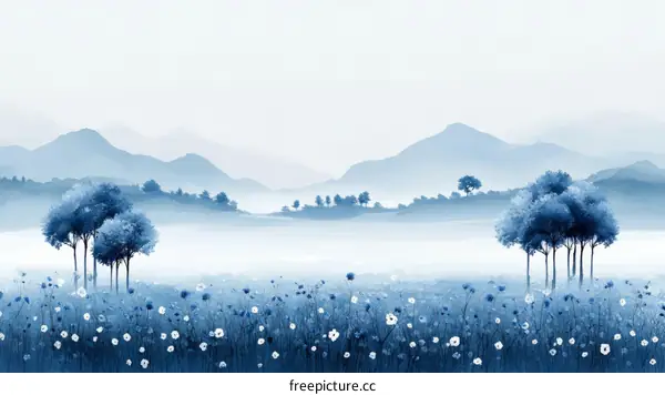 Peaceful Blue Mountain Landscape Painting