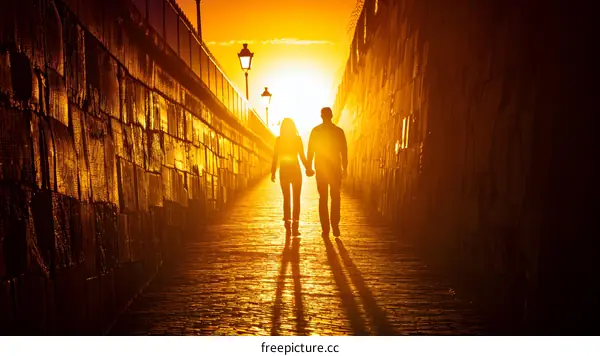 Silhouettes of Couple Walking Towards Sunset in a Narrow Street