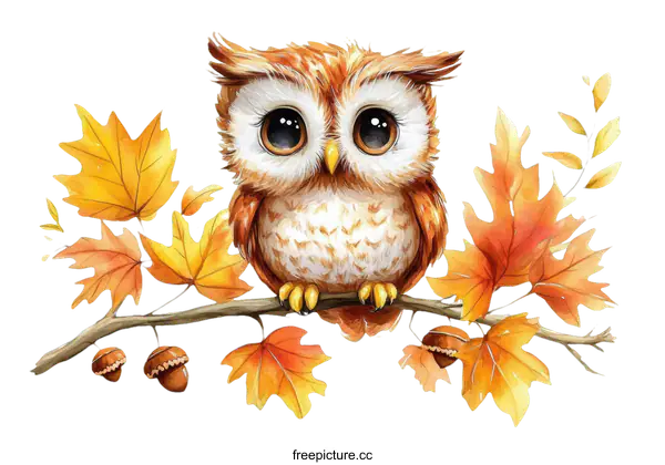 [Transparent Background PNG]Cute Owl with Autumn Leaves Illustration