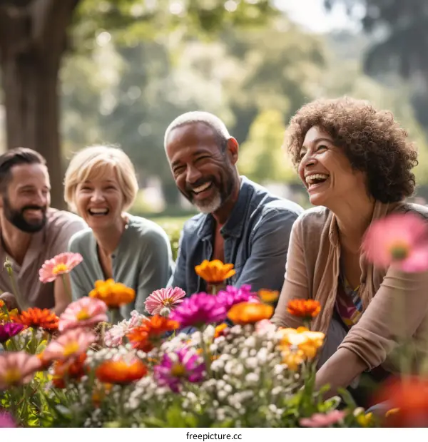 A group of diverse people laughing and enjoying the sunshine in a garden