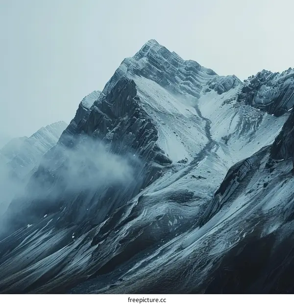 A Towering, Snow-Capped Mountain Peak Rising Above a Vast Icy Landscape