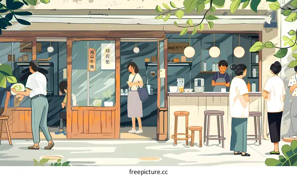 Cafe Illustration With People In Front Of The Shop