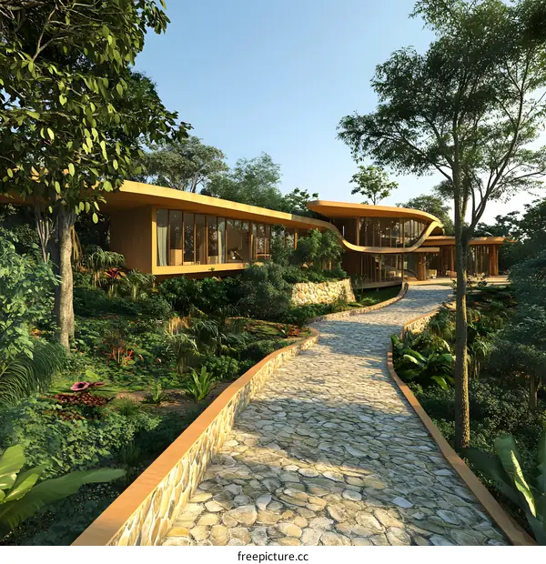 Modern Minimalist Tropical House With Stone Path And Lush Greenery