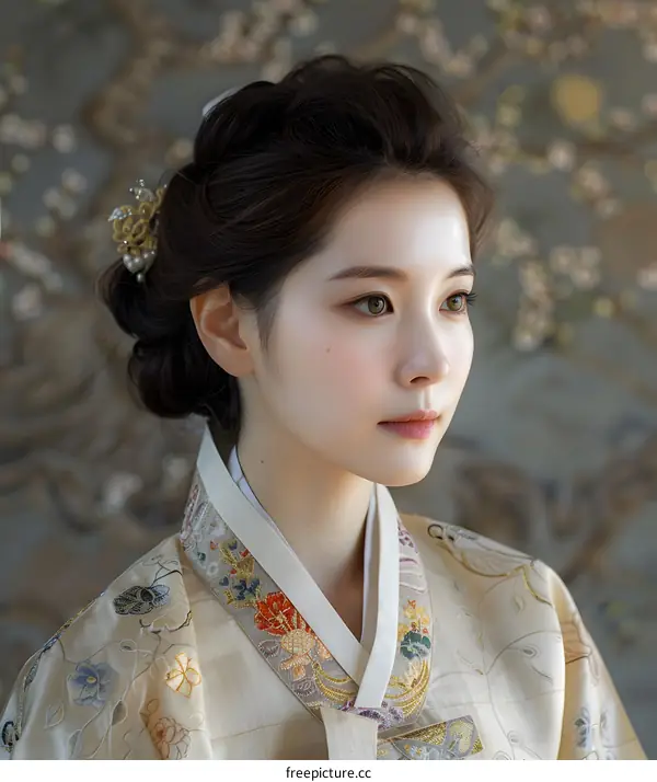 Portrait of a young woman in traditional Korean dress, or Hanbok