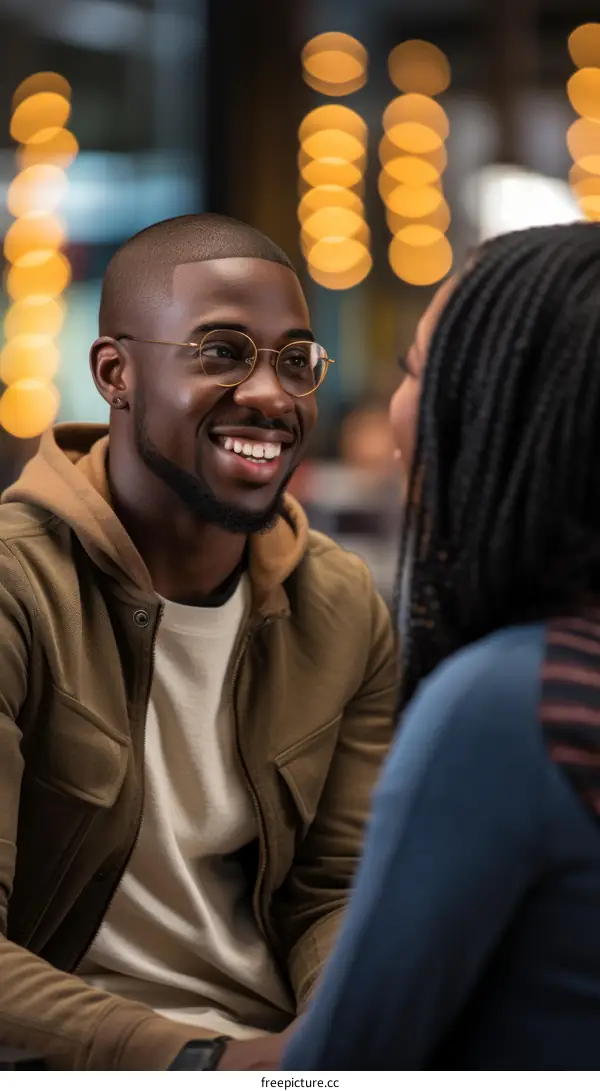 A smiling man and woman are having a conversation in a cafe.