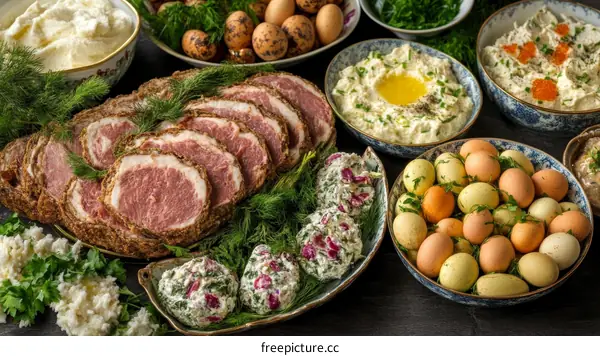 Easter Festive Food Platter with Colorful Eggs