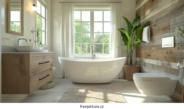 Bathroom interior with large bathtub, wooden wall and big windows