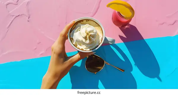 Woman Hand Holding Cup of Coffee With Whipped Cream and Sunglasses on Pink and Blue Background