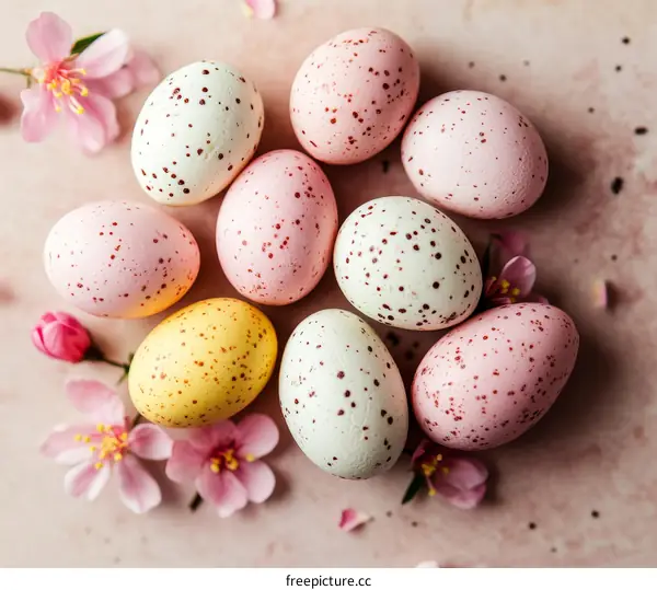 Colorful Easter Eggs with Spring Flowers
