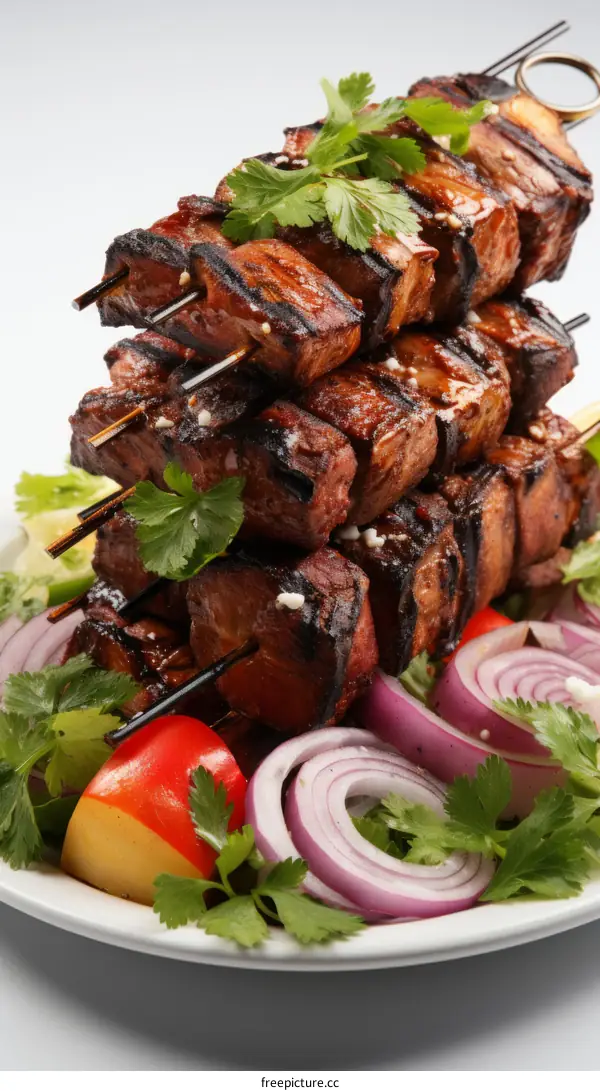 Delicious and juicy pork skewers with vegetables