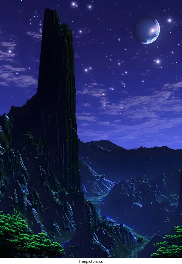 Fantasy Landscape with Mountain Range Under Starry Night Sky