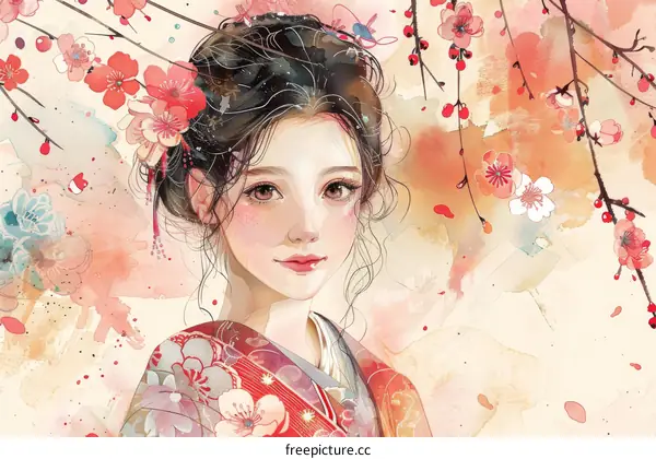 Watercolor Japanese Girl in Kimono with Cherry Blossoms