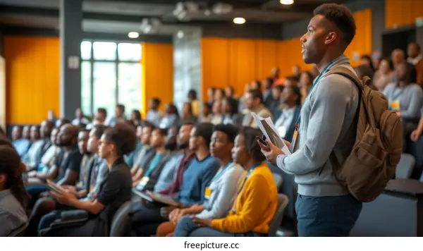 A young African-American man giving a presentation in a large conference room full of people