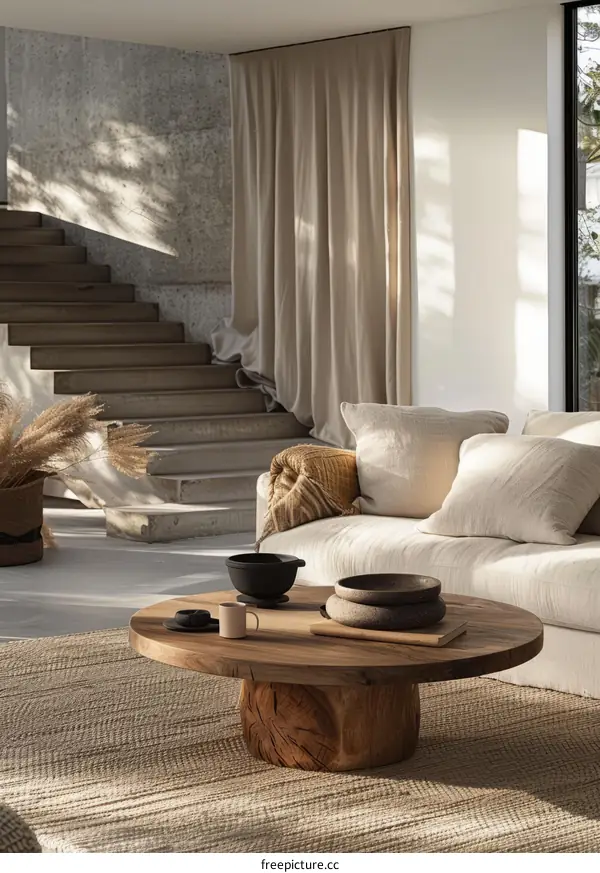 Modern Minimalist Living Room with Sofa, Coffee Table, and Stairs