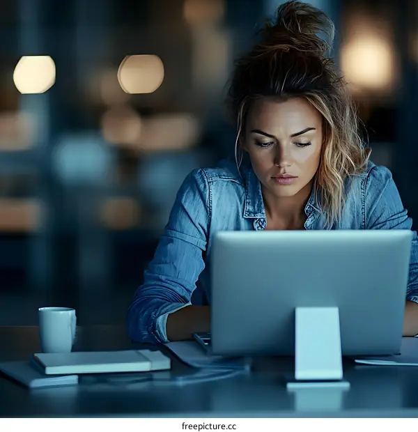 Young Woman Working On Laptop At Night