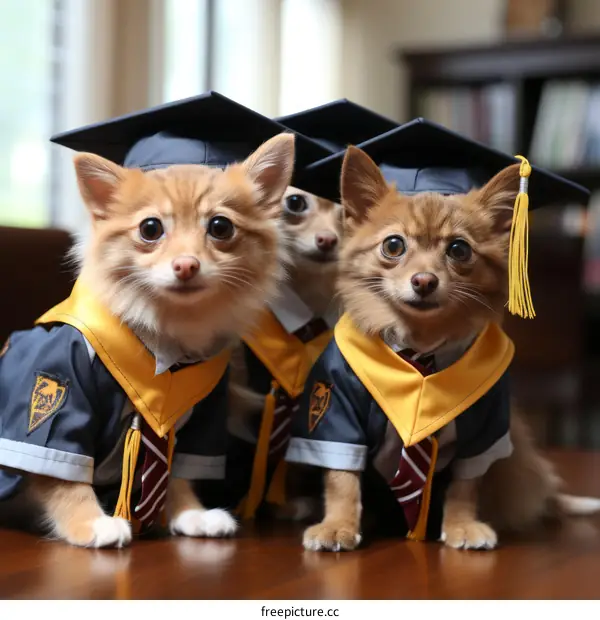Three dogs in graduation caps and gowns