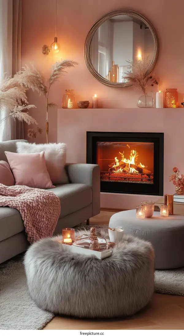 Cozy Pink and Gray Living Room with Fireplace