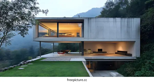 Modern Concrete House with Large Windows and a View of the Forest