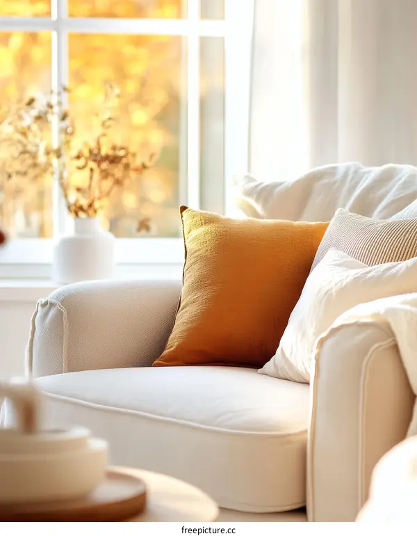 Cozy Autumn Living Room with Soft Cream Sofa