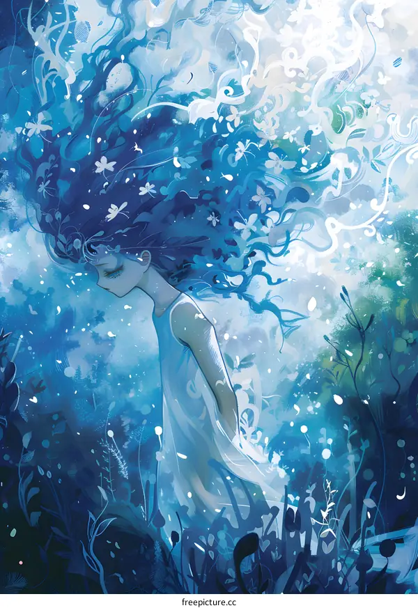 Blue Hair Girl in a White Dress