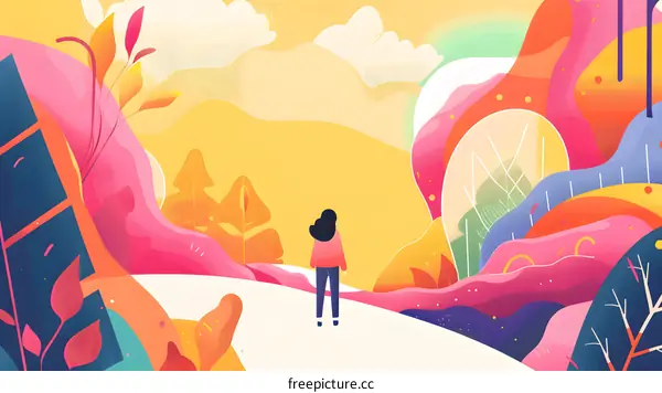 Colorful Abstract Landscape with Woman Looking at the Distance