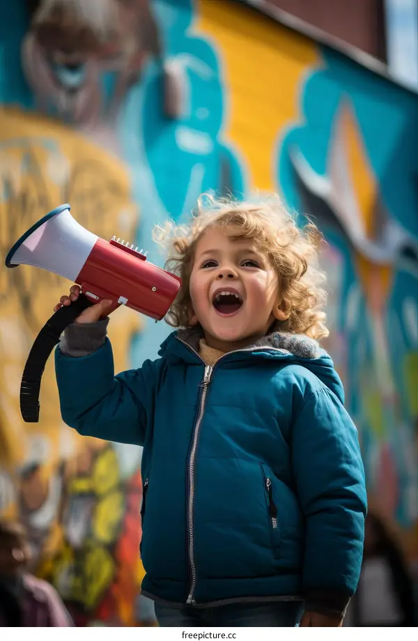 Small child shouting through a megaphone