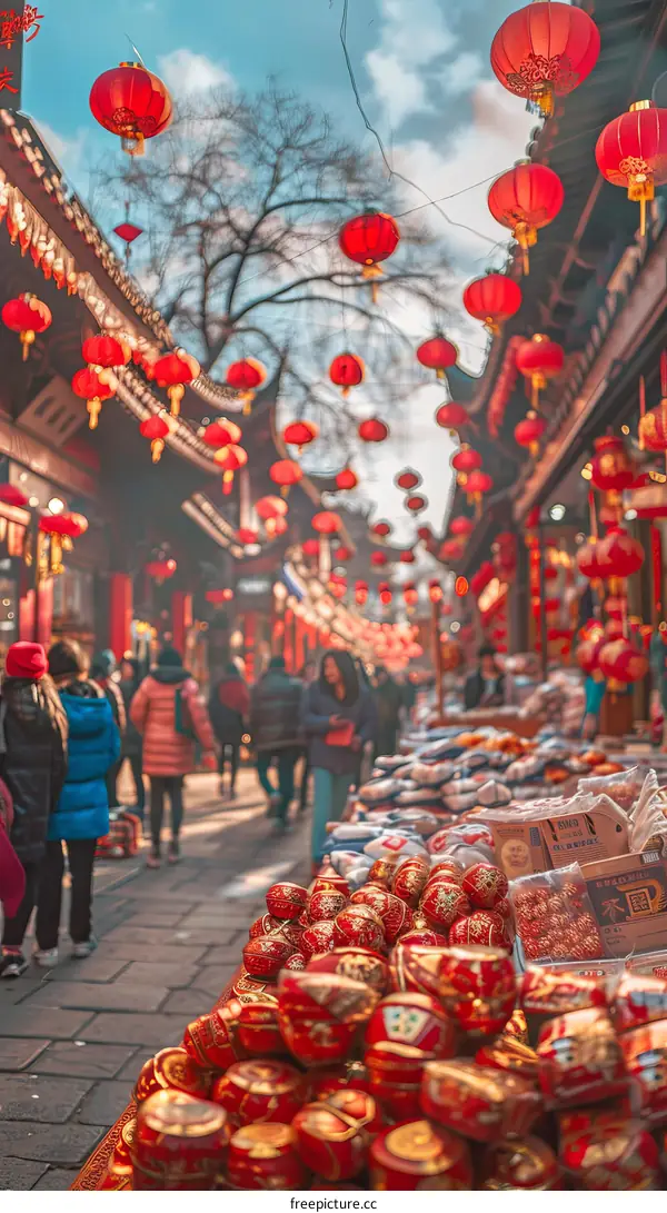 Crowded hutong with red lanterns during the Spring Festival