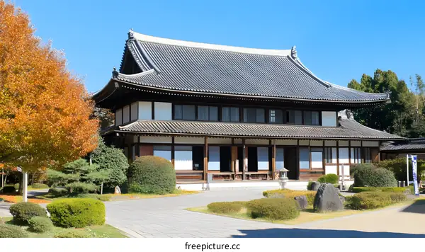 Traditional Japanese Architecture With Curved Roof And Stone Pathway