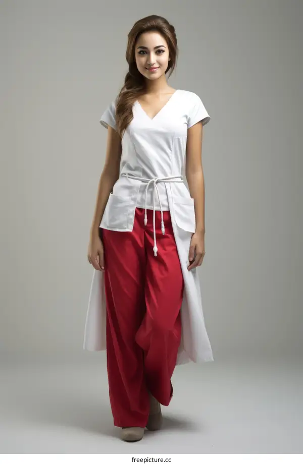 Fashion model wearing white blouse with red pants