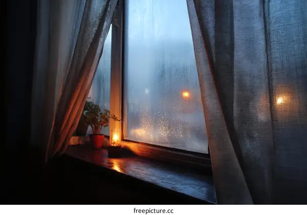Rainy Night Window with Warm Light