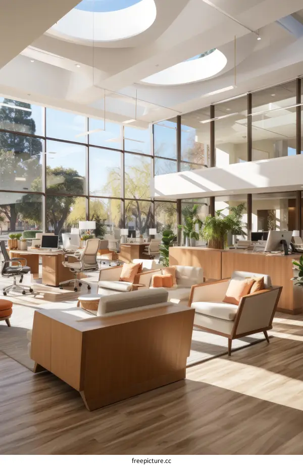 Modern Office Interior with Large Windows and Wooden Furniture