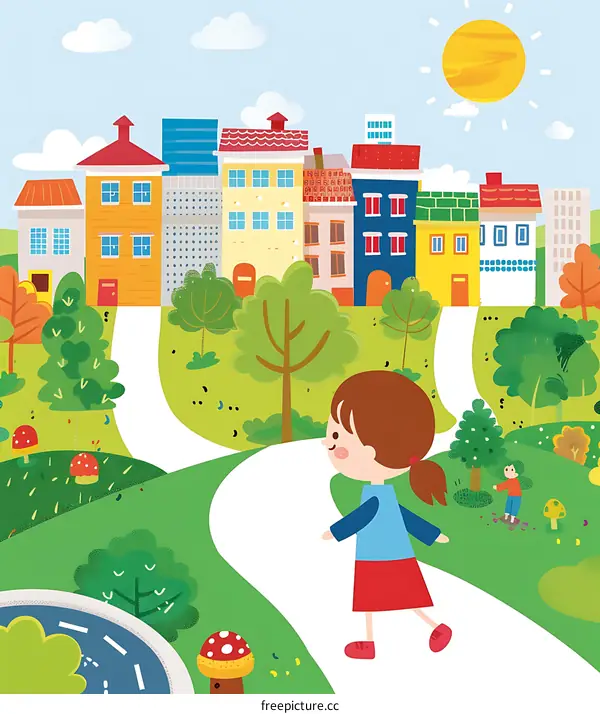 Cute Cartoon Illustration of Girl Walking in Park