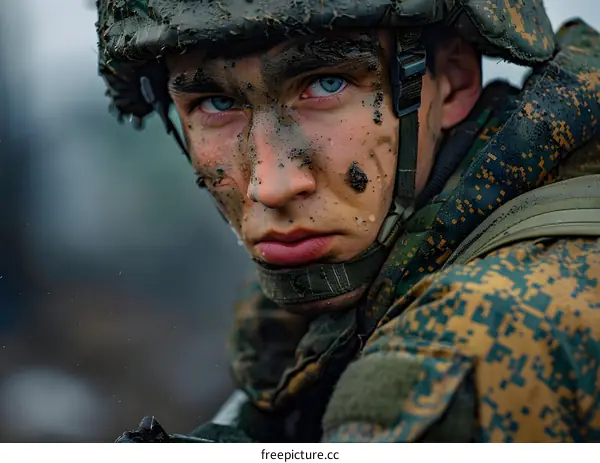Portrait of a soldier with blue eyes and mud on his face