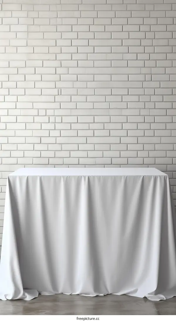 White tablecloth on a wooden table against a white brick wall background