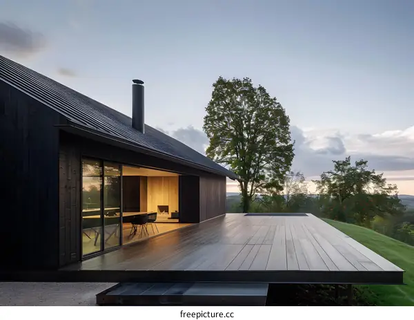 Modern Black House with Wooden Deck Overlooking Countryside