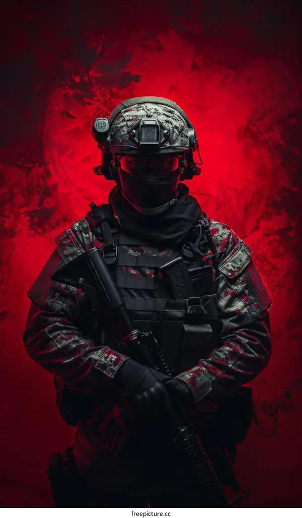 Soldier in red background holding a gun