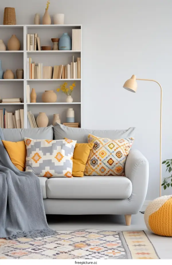 A Scandinavian-inspired living room with a gray couch, colorful pillows, and a yellow lamp