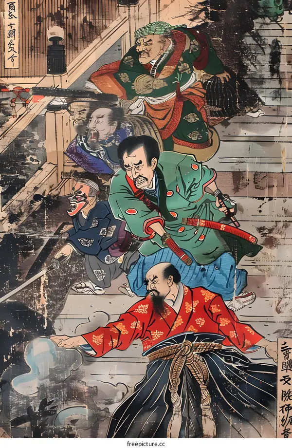 Japanese Samurai Painting With Five People In Traditional Clothing