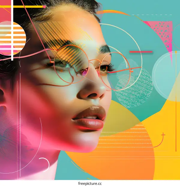Woman in Colorful Geometric Abstract Background Wearing Glasses