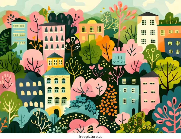 Colorful Illustration of Cityscape with Houses and Trees