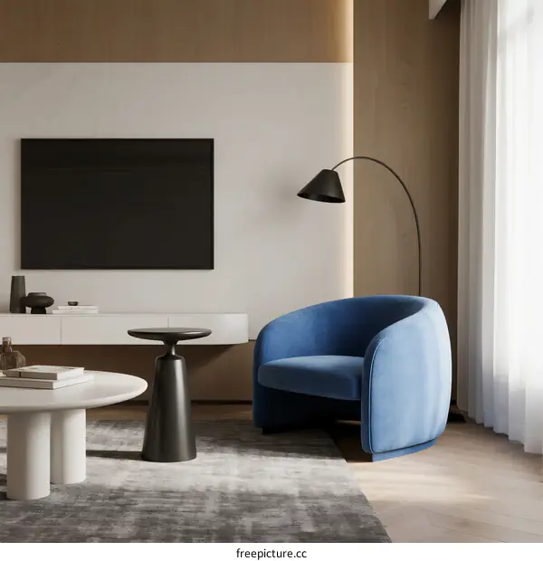 Modern Living Room with Blue Armchair and Minimalist Furniture