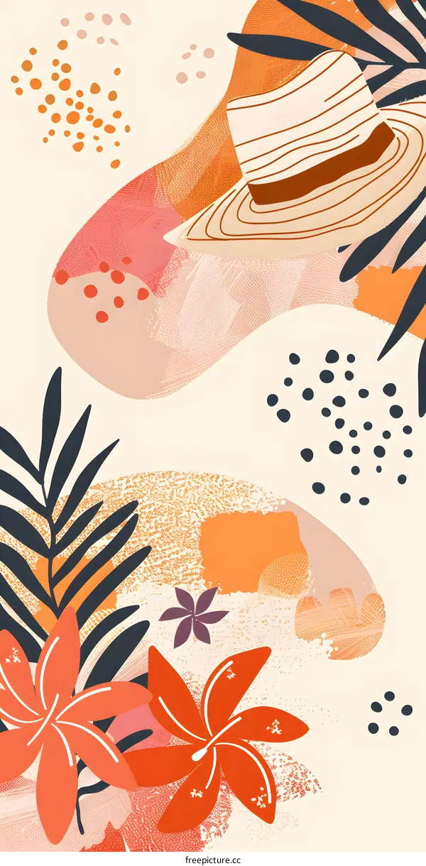 Abstract Tropical Floral Illustration with Hat and Dots