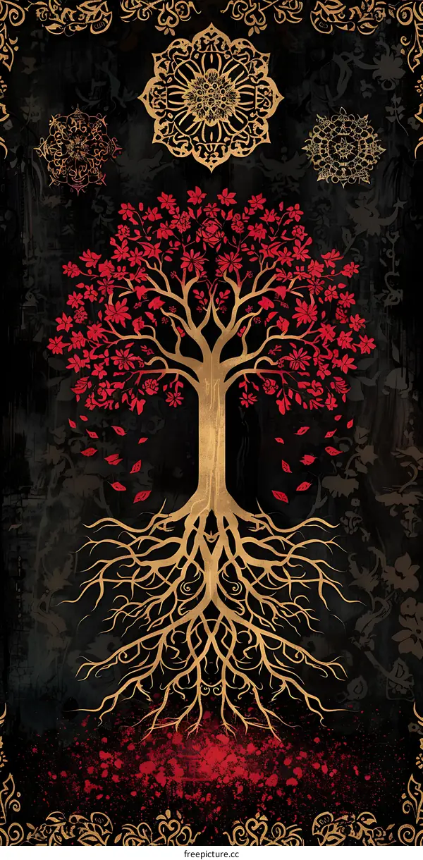 Tree of Life with Roots and Flowers