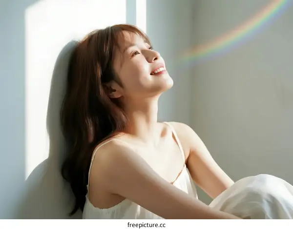 A Young Woman Leaning Against Wall with Soft Rainbow Light