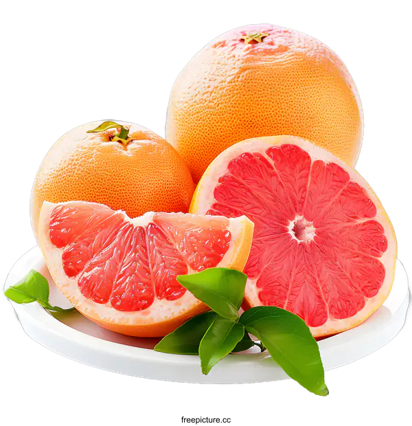 [Transparent Background PNG]Fresh Ripe Grapefruit with Green Leaves on White Plate