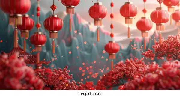 Chinese New Year Celebration with Red Lanterns and Plum Blossoms