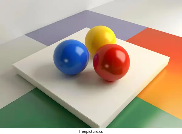 Three Shiny Colored Spheres on White Platform