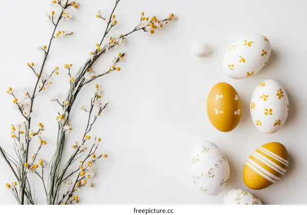 Easter Eggs and Floral Arrangement on White Background